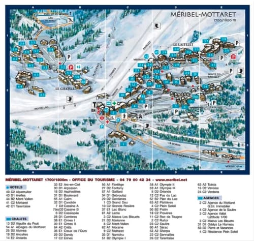 Plan de la station de ski Méribel-Mottaret avec hôtels, chalets et équipements à 1700/1800m d'altitude