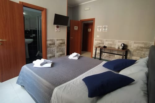 Standard double room at Royal Rooms Station Napoli with two beds, TV, en-suite bathroom, and modern amenities