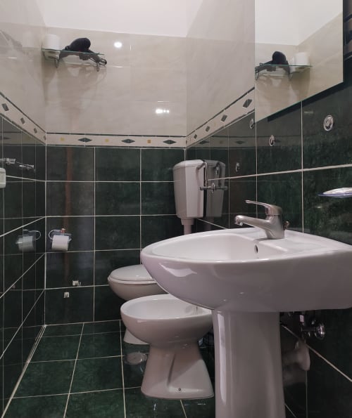 Modern bathroom at Royal Rooms Station Napoli with pedestal sink, toilet, and dark green tile walls