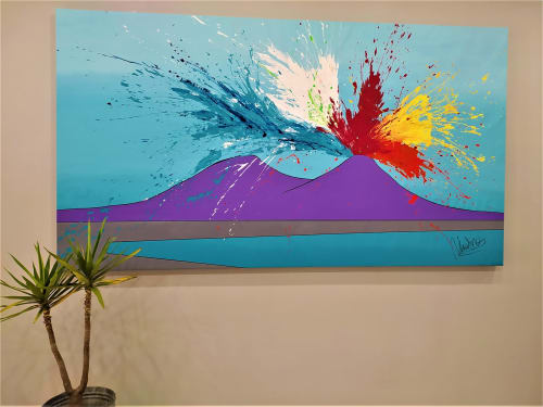Colorful abstract volcano artwork with blue sky in Royal Rooms Station Napoli Naples hotel room