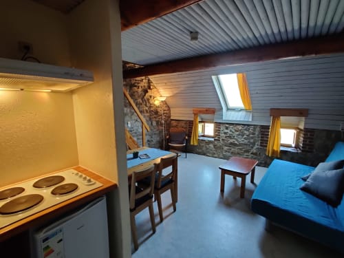 Cuisine et séjour modernes à La Ferme De Werpin, Hotton avec lit bleu, table à manger et plaque de cuisson électrique