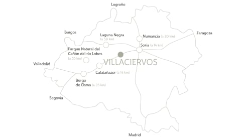 Mapa de la región de Villaciervos con ciudades cercanas y atracciones turísticas en España