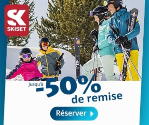 Promotion Skiset jusqu'à -50% sur la location de ski à Méribel. Famille avec enfants en tenue d'hiver sur les pentes enneigées.