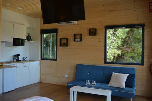 Interior de cabaña de madera con sofá azul, cocina blanca, TV y vistas al bosque en Cabañas Compostela, Santiago de Compostela