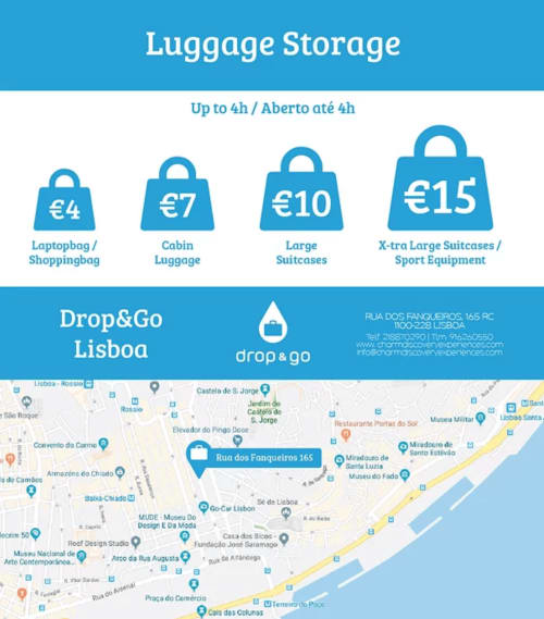 Luggage storage pricing at Charm Discovery Experiences Lisbon: €4-€15 for up to 4 hours, with map location.