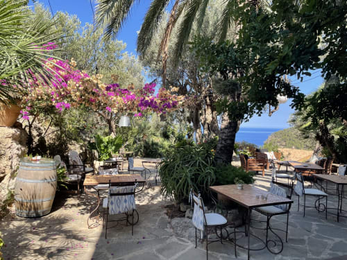 Terraza del Petit Hotel Sa Plana con bugambilia magenta, vistas al mar y mesas de comedor en Estellencs