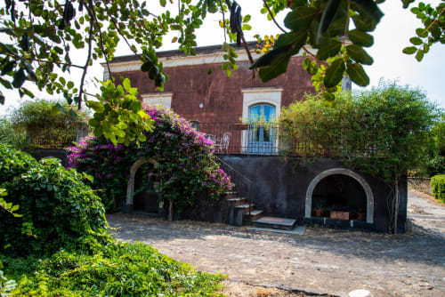 Rustica villa italiana con buganvillea rosa, vista sul giardino del B&B Valle Allegra, Gravina di Catania