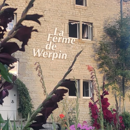 La Ferme de Werpin, maison en pierre à Hotton avec jardin fleuri et vignes grimpantes