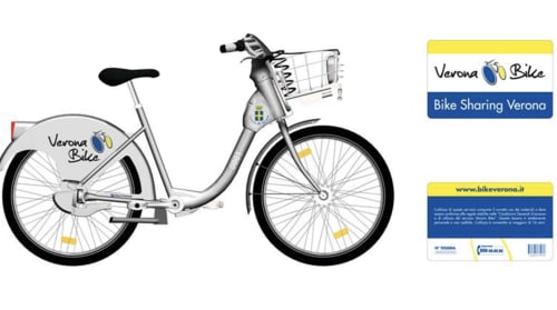 Verona Bike sharing bicycle with front basket and logo, promoting sustainable Verona tourism