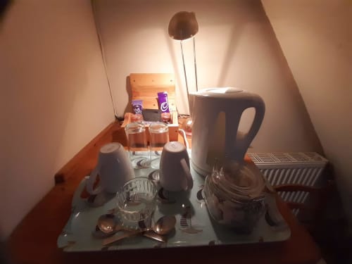 Tea, coffee and hot chocolate. Sugar and milk provided