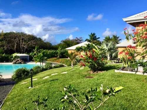 Jardin avec fleurs tropicales et vue sur le lagon artificiel des Cottages du lagon, en Guadeloupe.