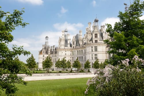 Schloss Chambord über grüne Rasenflächen mit blühenden Sträuchern gesehen, Bracieux, Frankreich