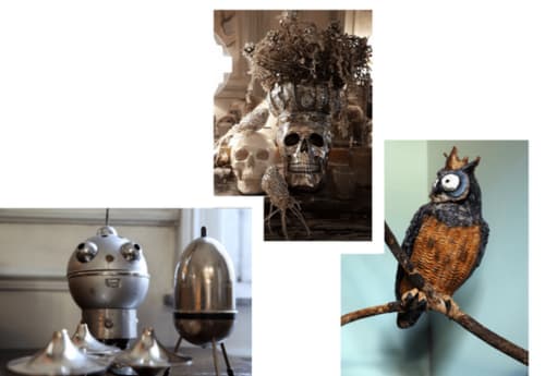 Le Grand Duc B&B quirky decor: skull art, metal sculptures, and decorative owl figurine in Valenciennes