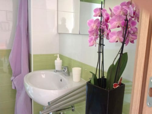 Doppelzimmer mit eigenem Bad mit Bidet, Dusche, Handtüchern, Waschbecken und Haartrockner - B&B Pontemare in Collemarino, Ancona, Marken.