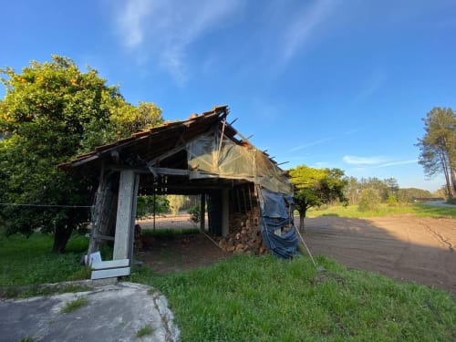 Structure rustique abandonnée en Leiria, Portugal, envahie de végétation et ciel bleu