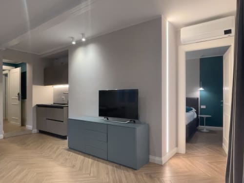 Modern Venice apartment with open-plan living, flat-screen TV, kitchenette, and bedroom at Covo del Pirata