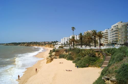 Vista frente ao mar de Armação Beach Residences com praia arenosa, ondas do oceano, palmeiras e edifícios de apartamentos costeiros em Armação