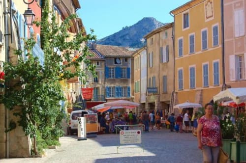 Colorful medieval village square in Grignan with ivy-covered buildings, outdoor market, and mountain backdrop