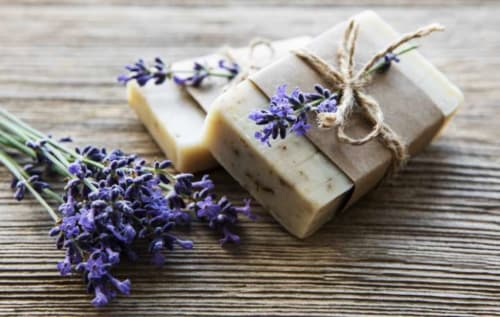 Lavender soap bars tied with twine at Le Pavillon M spa in Grignan