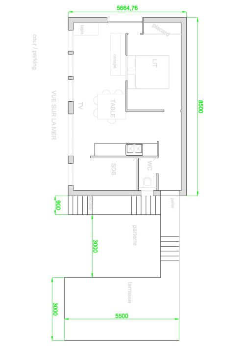 Plan du Gîte Gabrielle, illustrant la disposition des espaces intérieurs et extérieurs.