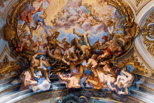 Affresco barocco con cherubini e angeli nella camera di AD Trastevere Guest House a Roma