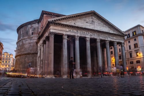 The Pantheon at dusk in Rome, Italy, near AD Trastevere Guest House with illuminated columns and historic architecture