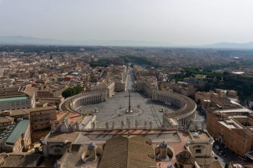 St. Peter's Basilica and Vatican City square aerial view from Rome with city skyline