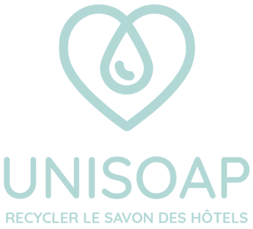 UNISOAP-Logo mit Herz und Wassertropfen für das Hotelseifenrecycling-Programm in Nizza, Frankreich