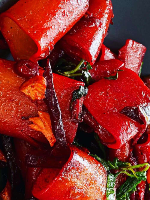 Fresh red peppers with frost at La Guirtelle bed and breakfast in Lainsecq, France