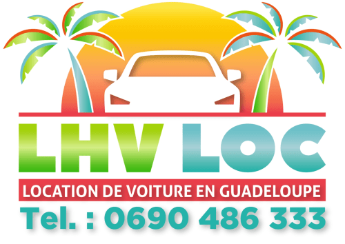 Alquiler de autos LHV Guadeloupe - playa tropical con auto blanco y logo de palmeras
