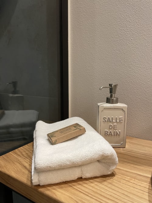 Lavabo del bagno con asciugamani bianchi piegati, saponetta e dispenser Salle de Bain presso l'hotel Covo del Pirata Venezia