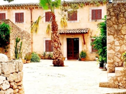 Cour méditerranéenne rustique de la villa Las Fincas De Annie à Felanitx, Espagne avec murs en pierre et palmiers