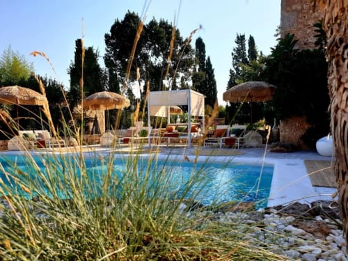 Piscine des Las Fincas De Annie avec transats, parasols en paille et cyprès à Felanitx