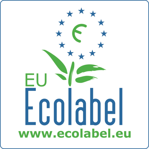 Logotipo de certificación EU Ecolabel con planta verde y símbolo del euro, Apartamentos Casa Lafuente