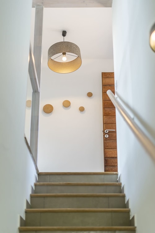 Détail: escalier rez-de-jardin vers entrée villa bois corse