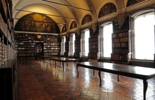 Historic library at Le Grand Duc in Valenciennes with arched ceilings, wooden bookshelves, large windows, and tables