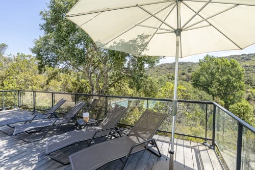 Wood terrace pool loungers swimming pool Corsican maquis