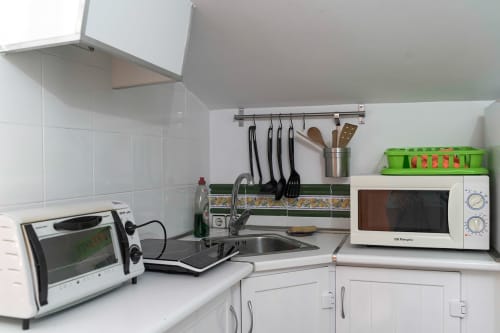 Cocina moderna y compacta en apartamento Casa Rural Las Cuevas De Setenil con microondas, fregadero y utensilios de cocina