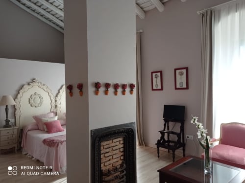 Finca la Favorita| Constantina, España - Techos con artesonado original, con dos amplios ventanales le dan una luminosidad increíble. Unas cómodas butacas completan la estancia para garantizar la comodidad del huésped. Con acceso directo desde el jardín a través de unas escaleras de bóveda, dispone de un pequeño y fresco jardín bajo un gran níspero para disfrutar de su agradable sombra.