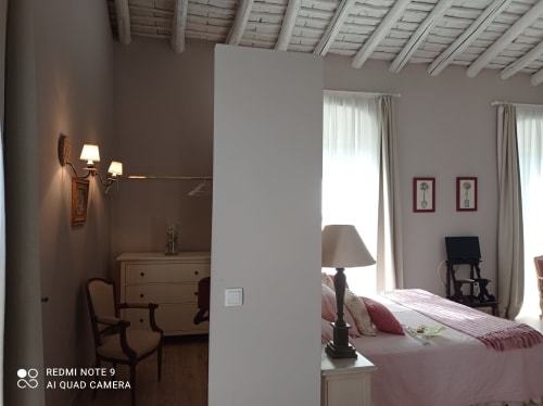 Finca la Favorita| Constantina, España - Techos con artesonado original, con dos amplios ventanales le dan una luminosidad increíble. Unas cómodas butacas completan la estancia para garantizar la comodidad del huésped. Con acceso directo desde el jardín a través de unas escaleras de bóveda, dispone de un pequeño y fresco jardín bajo un gran níspero para disfrutar de su agradable sombra.