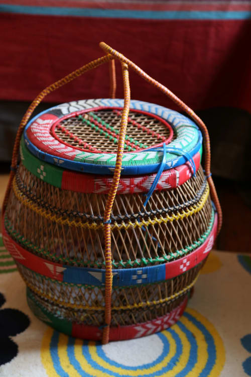 Colorful woven basket with handles at Le Grand Duc, Valenciennes
