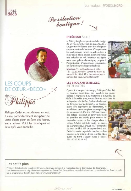 Article de magazine sur la boutique de décoration intérieure de Philippe Collet et les marchés aux puces belges, Le Grand Duc Valenciennes