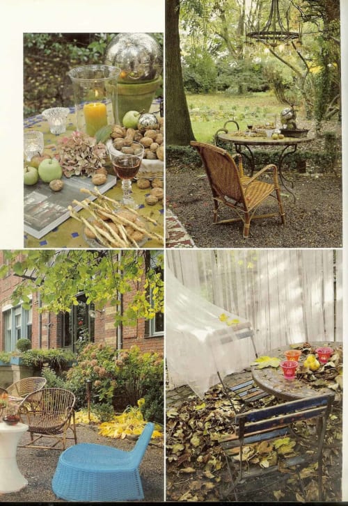 Le Grand Duc garden spaces: outdoor dining setup with fresh produce, wicker chairs, and peaceful courtyard seating areas in