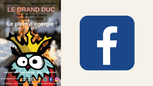 Affiche promotionnelle de l'hôtel Le Grand Duc pour l'hiver 2022-2023 avec logo Facebook, Valenciennes