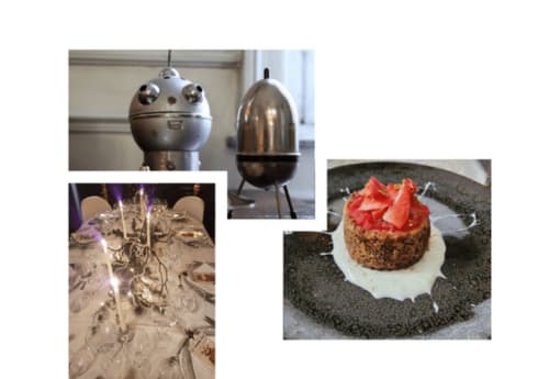 Le Grand Duc B&B Valenciennes dining experience: elegant table setting, decorative vessels, and gourmet chocolate cake with