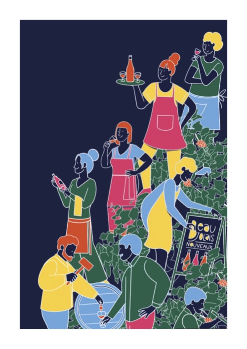 Illustration colorée d'hôtes dégustant du vin et profitant des activités de jardin au Château de Grandmont B&B à Blacé, France