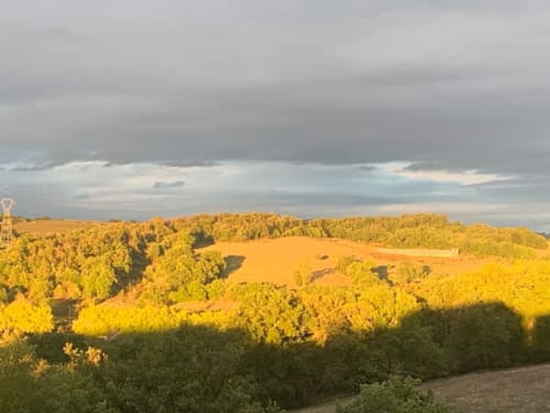 Golden sunflower fields under dramatic sky near Le Pignié in Lescure-d'Albigeois, France