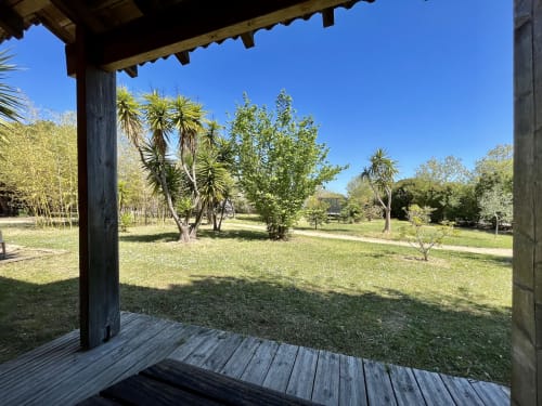 Vue de la terrasse en bois surplombant les jardins luxuriants avec palmiers de la villa Le Maquis Plage, Poggio-Mezzana