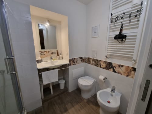 Modern bathroom in Superior Suite at B&B Il Conservatorio, Naples, with vanity, toilet, bidet, and decorative artwork