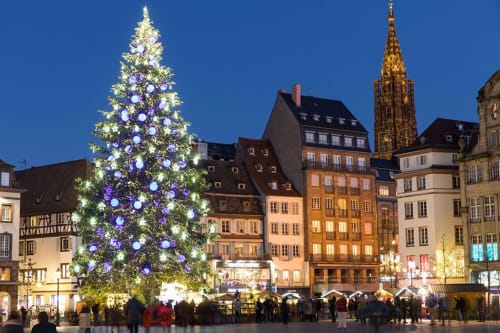 Marché de Noël de Strasbourg avec sapin illuminé et bâtiments médiévaux au crépuscule près de la Tour de l'Ill